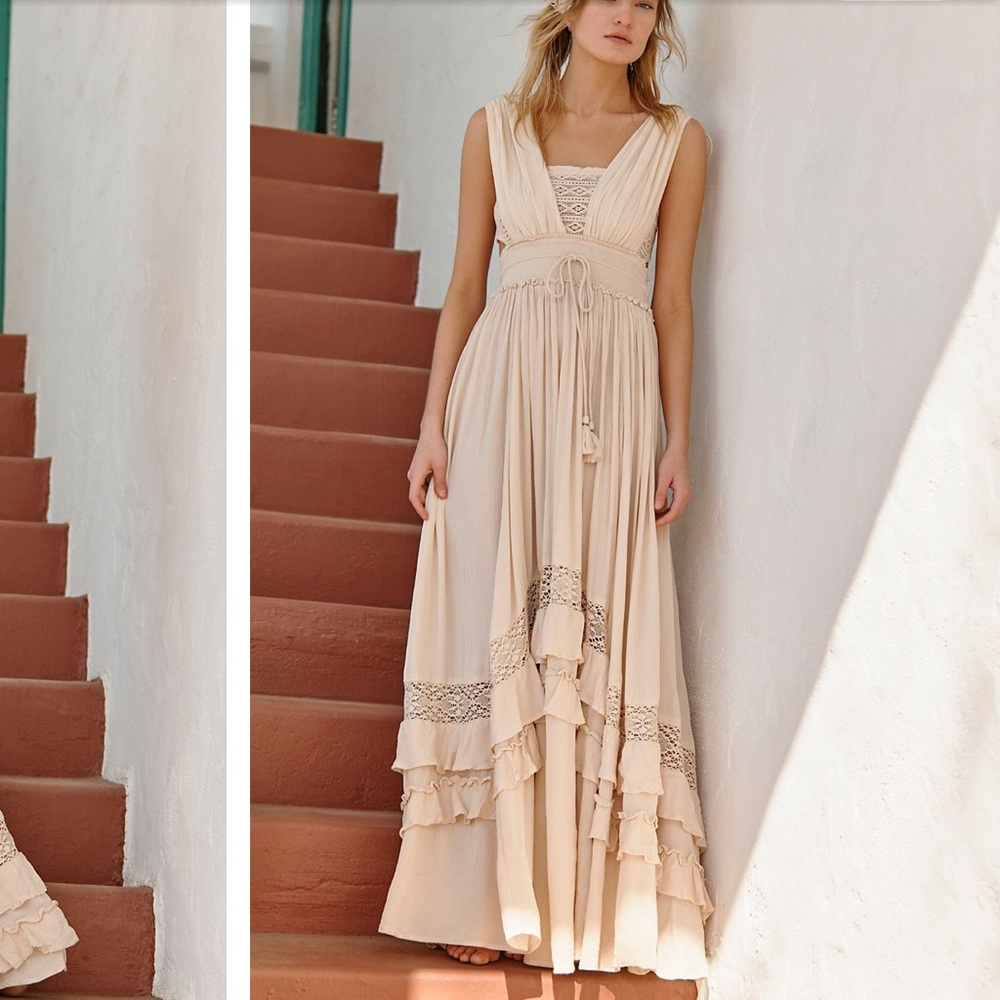 Free People Santa Maria Maxi summer khaki ruffle hem dress size Large